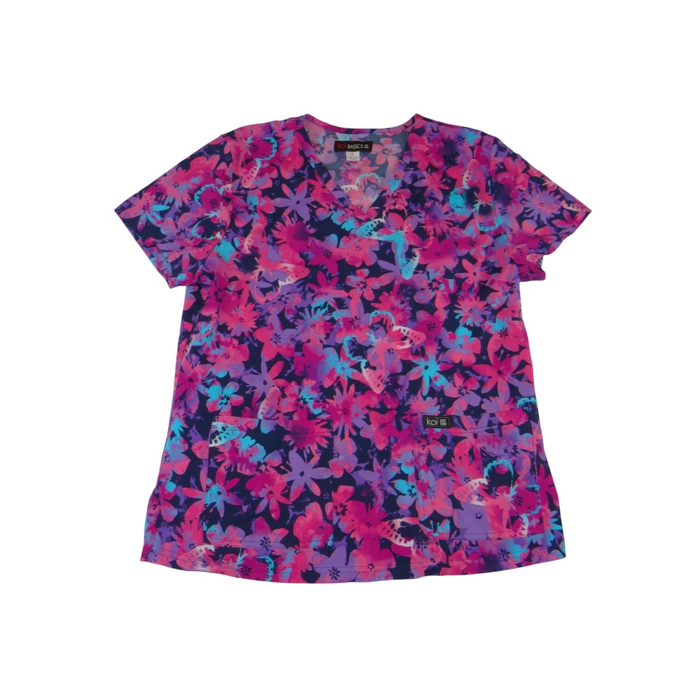 Koi Basics Womens Floral Butterfly Scrub Top Pink Purple Blue V-Neck Large 4080